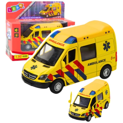 Karetka Ambulans Metalowy Z Napędem Pull Back Światła Dźwięki Żółty 1:32