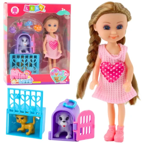 Mini Lalka Z Akcesoriami Wózek Kotki Zestaw Laleczka Różowa