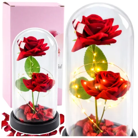 Wieczne 2 Róże w Kopule z Oświetleniem LED i Płatkami Róż Czerwone 21x11cm