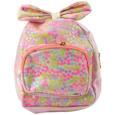 Plecak Dziecięcy Z Cekinami W Kwiatki Kokarda Jasnoróżowy 22cm 2,8L