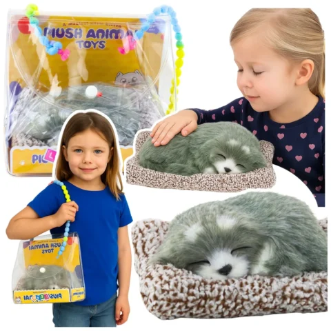 Śpiący Pies Husky Na Poduszce Figurka z Futerkiem Torba Dźwięki