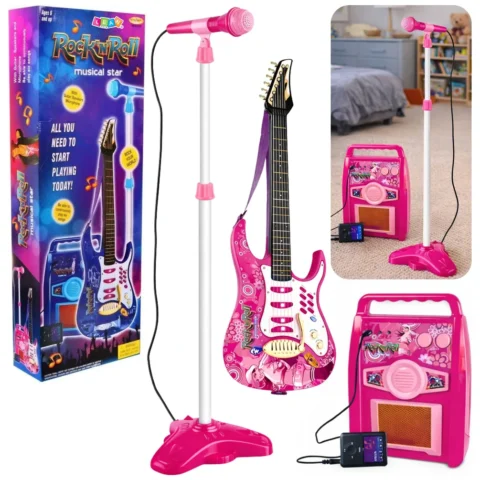 Gitara z Mikrofonem Strunami Wzmacniaczem Różowa