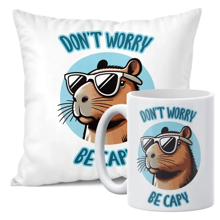 Zestaw Kubek + Poduszka 38x38 cm Kapibara Don't Worry Be Capy