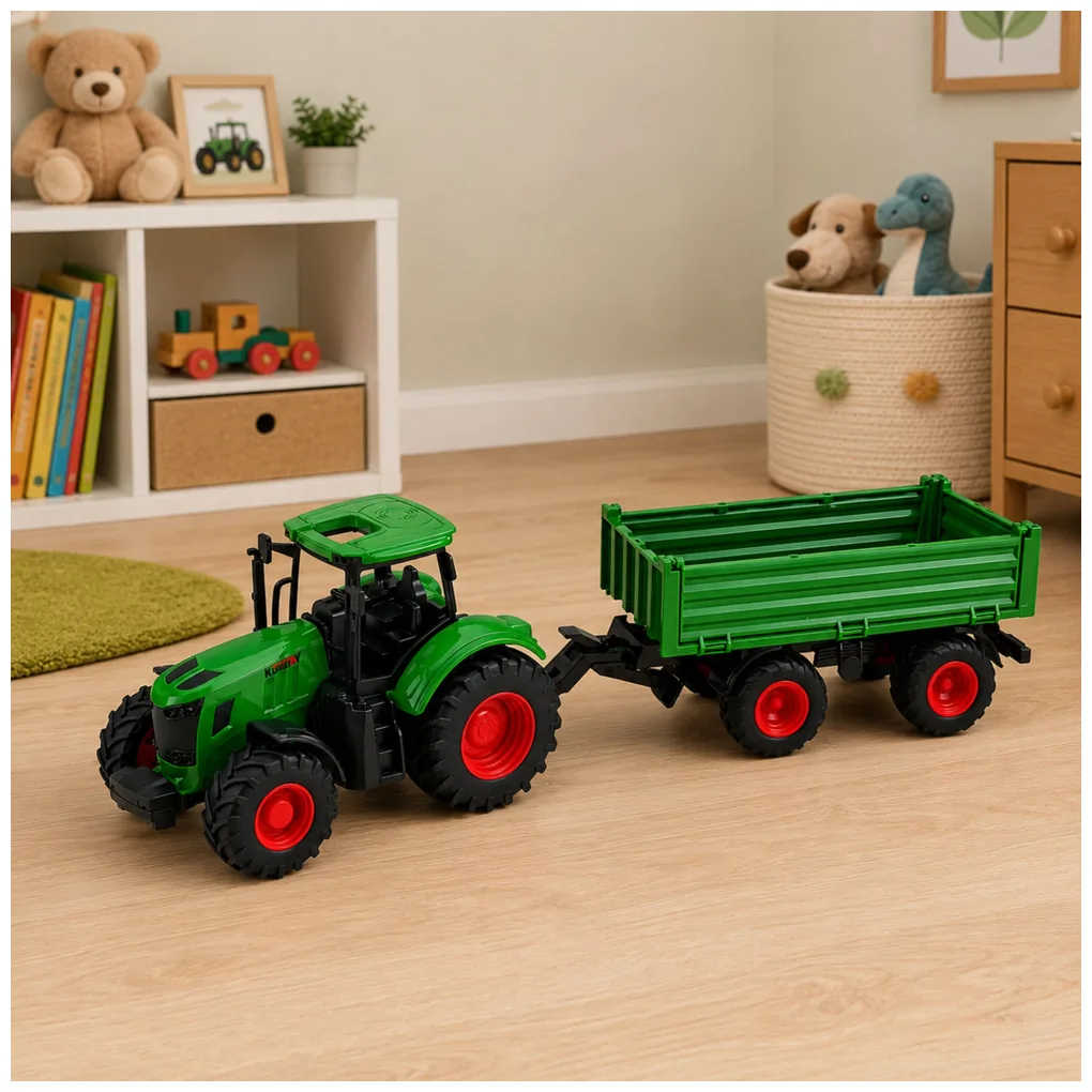 Traktor Rolniczy Farmerski z Przyczepą Wywrotką Gumowe Koła Zielony 1:24 - obrazek 3