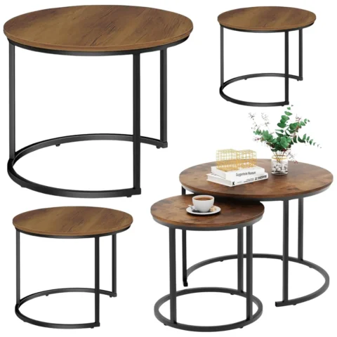 Zestaw Okrągłe Stoliki Kawowe 3w1 Vintage Naturalne Drewno 51cm 40cm 30cm