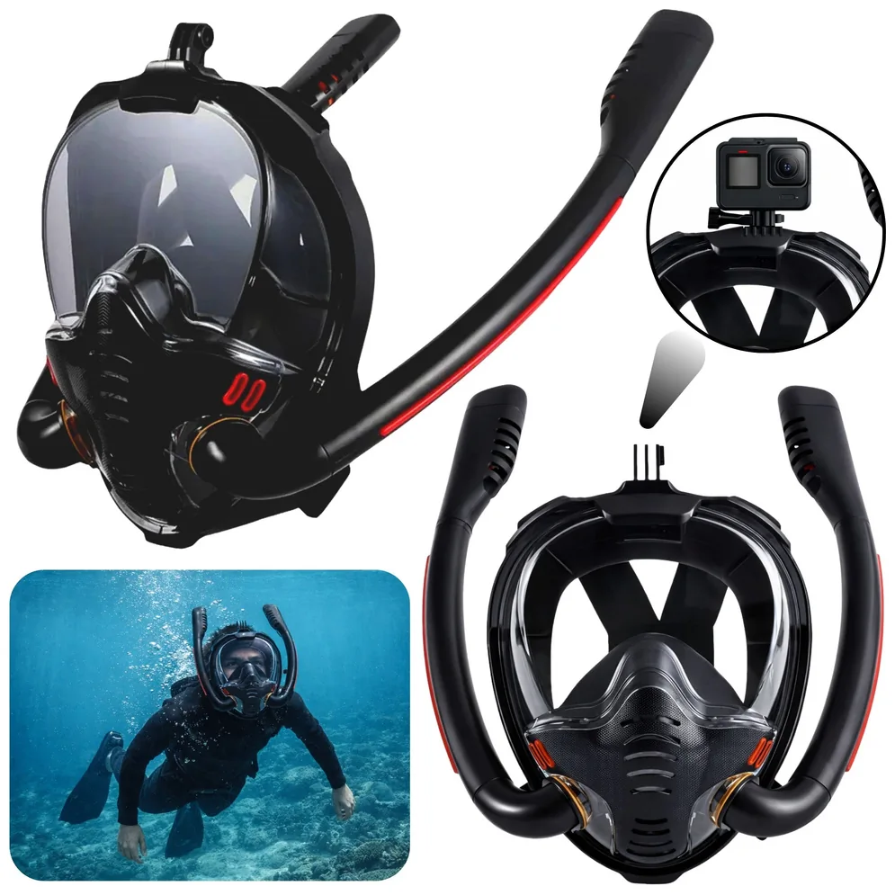 Maska Do Snorkelingu Nurkowania Pełnotwarzowa AntiFog DryTop Czarna L/XL