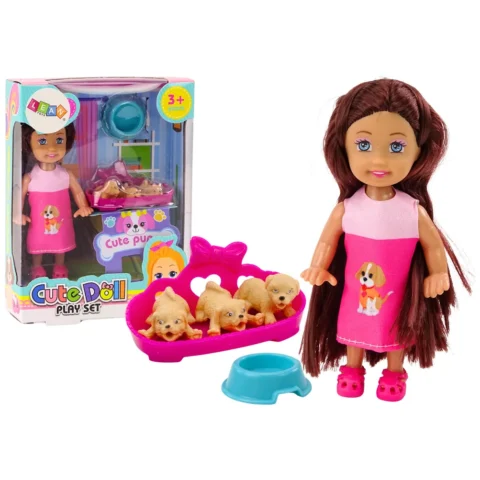 Mini Laleczka Długie Włosy Sukienka Trzy Pieski Legowisko