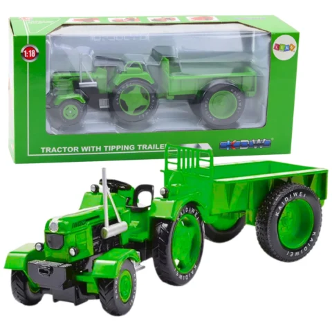 Metalowy Traktor Rolniczy Z Przyczepą Zielony 1:18