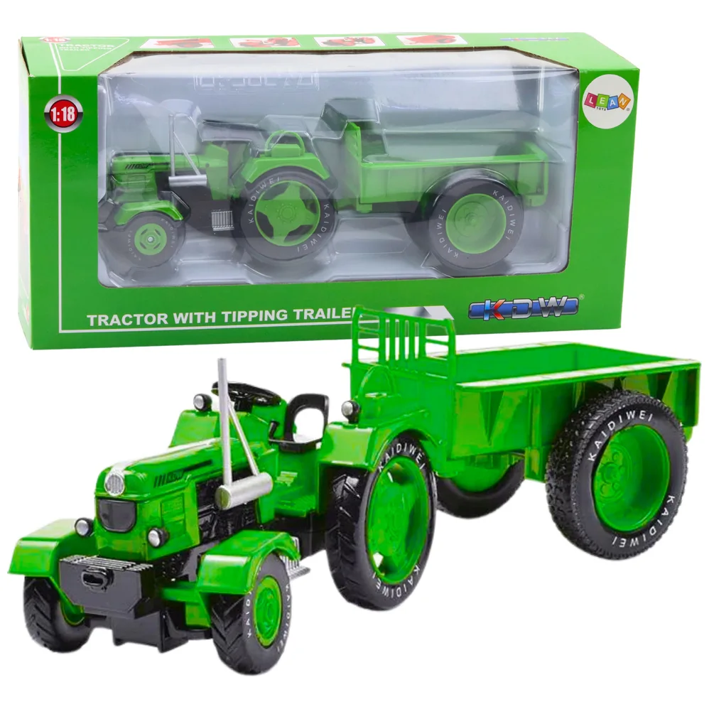 Metalowy Traktor Rolniczy Z Przyczepą Zielony 1:18