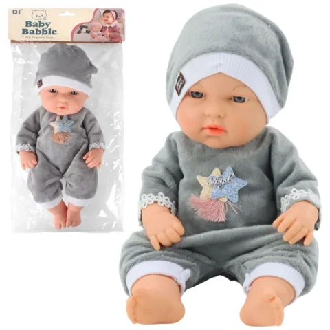 Lalka Bobas W Szarej Piżamce Czapeczka Ruchome Rączki Nóżki 30cm