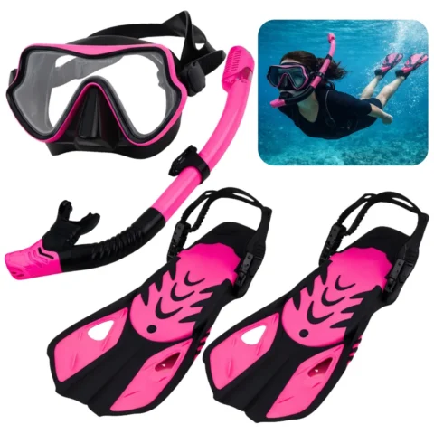 Zestaw Do Nurkowania Snorkelingu Płetwy Okulary Fajka Czarno-Różowy S/M