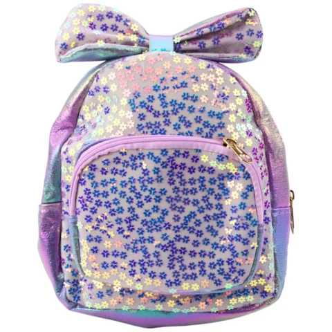 Plecak Dziecięcy Z Cekinami W Kwiatki Kokarda Fioletowy 22cm 2,8L
