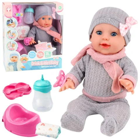 Lalka Bobas Siusiająca Akcesoria Pielęgnacyjne Butelka Nocnik 35 cm