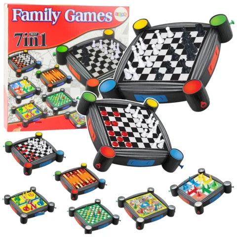 Zestaw Gier Planszowych 7w1 Warcaby Chińczyk Węże i Drabiny Tryktrak Ludo