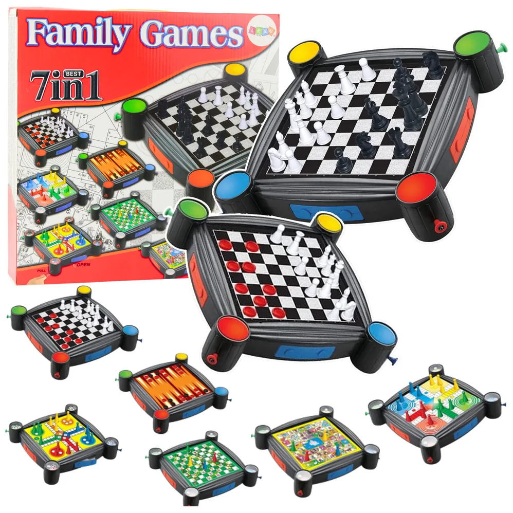 Zestaw Gier Planszowych 7w1 Warcaby Chińczyk Węże i Drabiny Tryktrak Ludo
