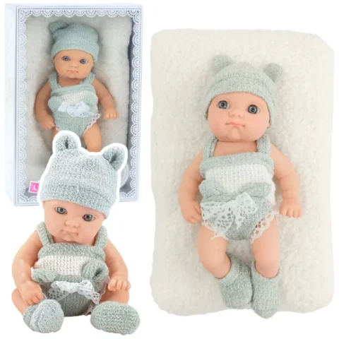 Lalka Bobas Niemowlak Z Kocykiem Biało-Szare Ubranko Czapeczka 18 cm